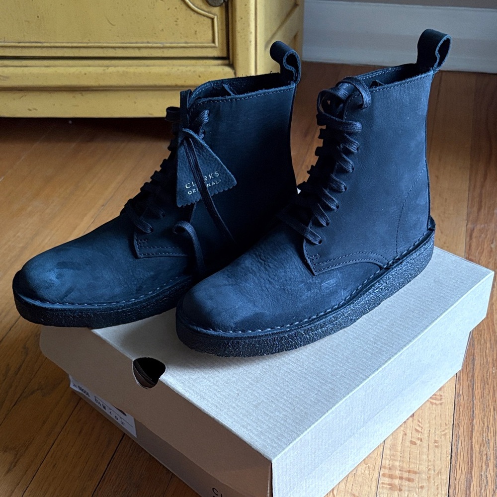 New in box, Clark’s Desert Coal high bootie in black nubuck leather